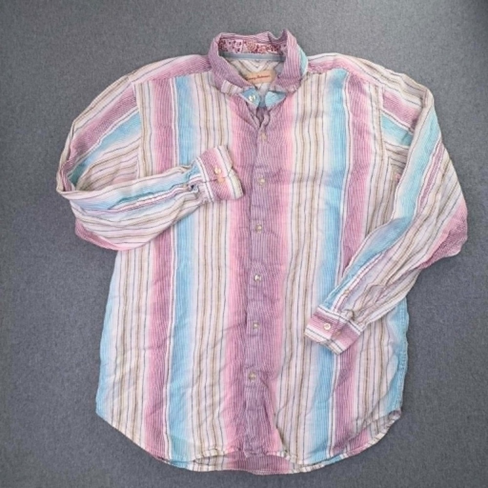 Tommy Bahama Shirt Mens Large 100% Linen Pastel Striped Beach Coastal‎ Button
